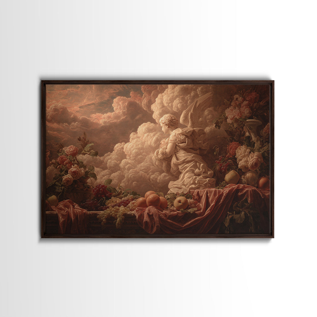 Ornate Cherub Figure Surrounded by Clouds and Canvas Print, Baroque Art, Printable Wall Art, Living Room Decor, Ornate, BAO-3x2-54