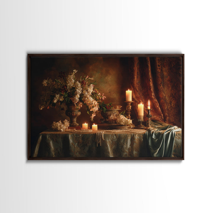Velvet Drapery with Pearls Flowers and Candlelight Canvas Print, Baroque Art, Maximalist Wall Art, Living Room Decor, Ornate, BAO-3x2-55