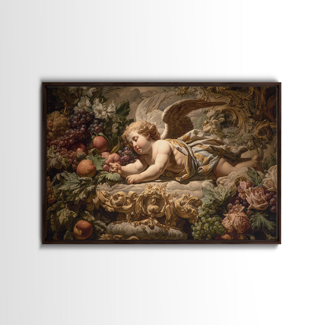 Ornate Cherub Figure Surrounded by Clouds and Framed Canvas Print, Baroque Art, Contemporary Art, Living Room Decor, Ornate, BAO-3x2-6
