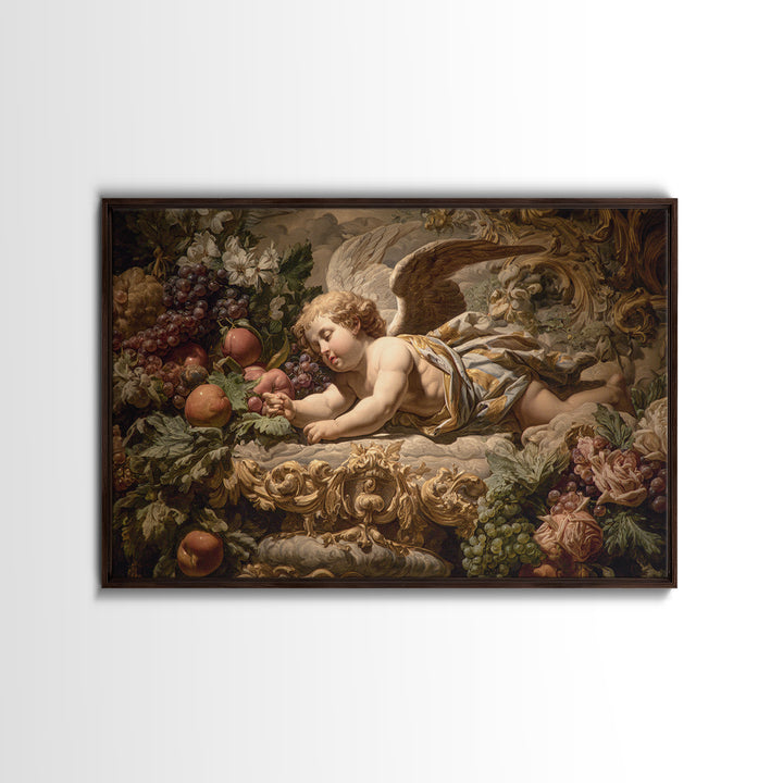 Ornate Cherub Figure Surrounded by Clouds and Framed Canvas Print, Baroque Art, Contemporary Art, Living Room Decor, Ornate, BAO-3x2-6