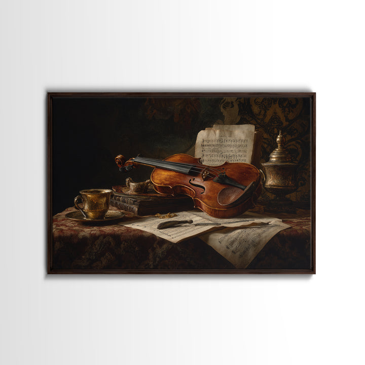 Baroque Violin and Sheet Music Still Life Framed Canvas Print, Baroque Art, Neutral Decor, Living Room Decor, Fine Art, Ornate, BAO-3x2-63