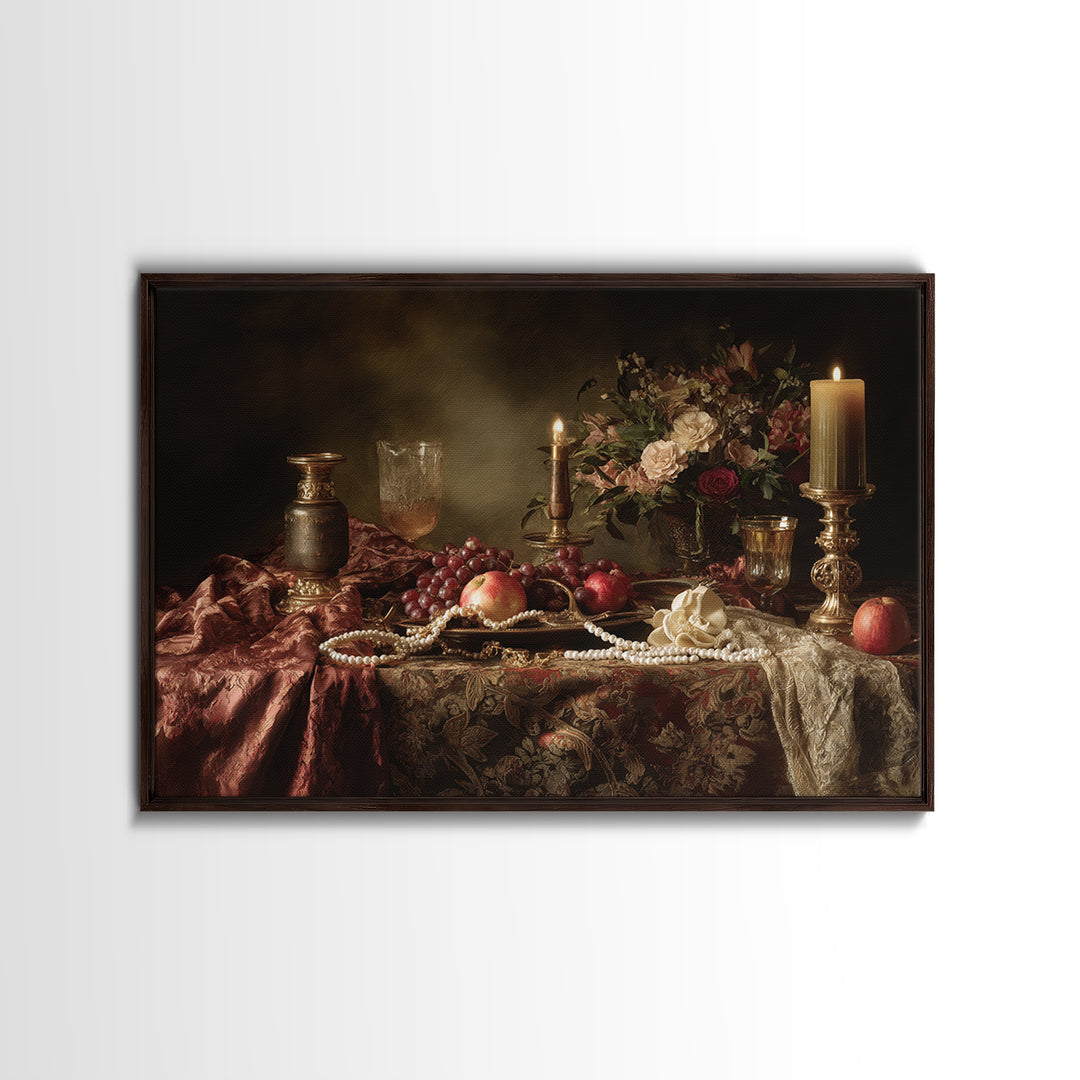 Velvet Drapery with Pearls Flowers and Candlelight Canvas Print, Baroque Art, Maximalist Wall Art, Living Room Decor, Ornate, BAO-3x2-7