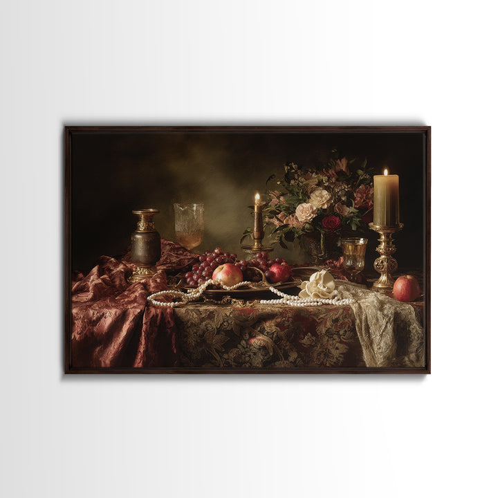Velvet Drapery with Pearls Flowers and Candlelight Canvas Print, Baroque Art, Maximalist Wall Art, Living Room Decor, Ornate, BAO-3x2-7