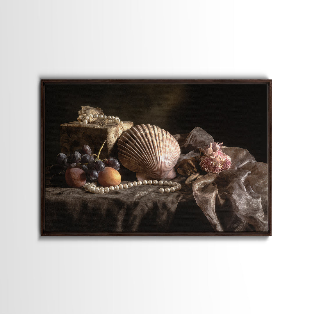 Ornamental Shell and Pearl Composition Framed Canvas Print, Baroque Art, Decor, Living Room Decor, Oil Painting, Ornate, BAO-3x2-74