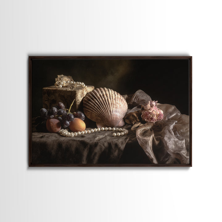 Ornamental Shell and Pearl Composition Framed Canvas Print, Baroque Art, Decor, Living Room Decor, Oil Painting, Ornate, BAO-3x2-74