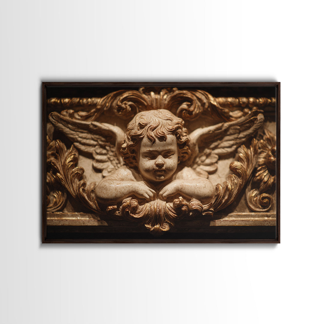 Ornate Cherub Figure Surrounded by Clouds and Framed Canvas Print, Baroque Art, Whimsical Decor, Living Room Decor, Ornate, BAO-3x2-78