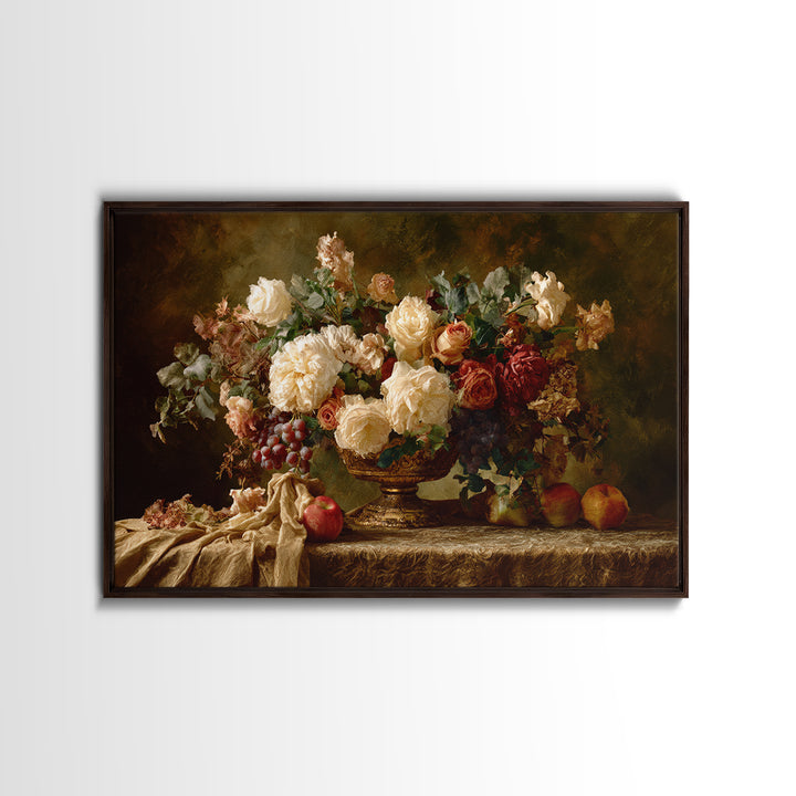 Dark Floral Arrangement Framed Canvas Print, Baroque Art, Living Room Wall Art, Living Room Decor, Ornate, Art Nouveau Decor, BAO-3x2-80