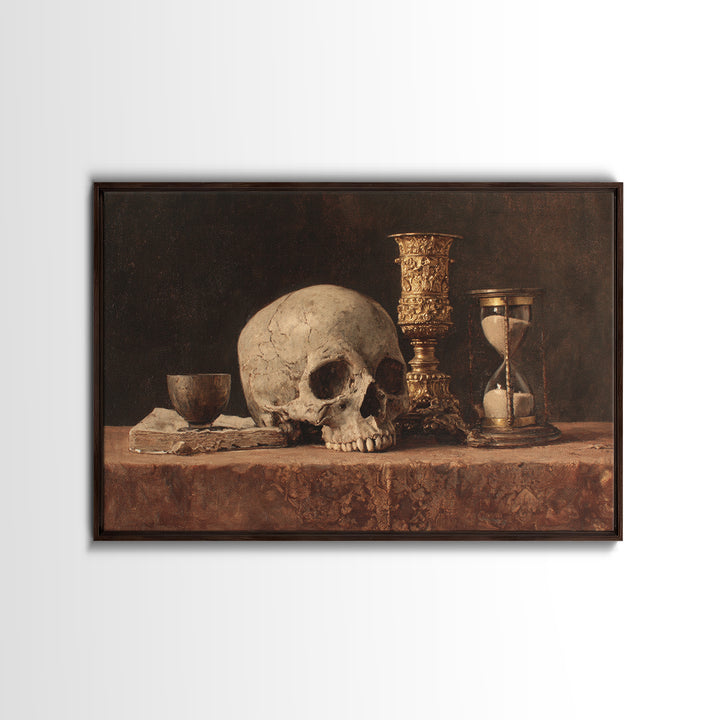 Skull and Hourglass Vanitas Still Life Framed Canvas Print, Baroque Art, Whimsical Decor, Living Room Decor, Fine Art, Ornate, BAO-3x2-81
