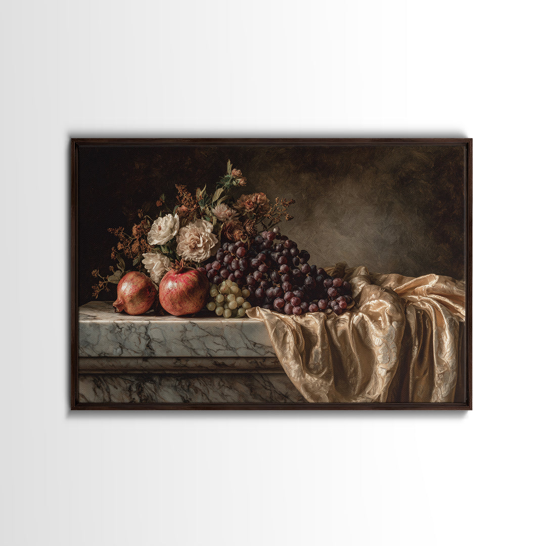 Pomegranate and Grapes on a Marble Ledge Canvas Print, Baroque Art, Moody Wall Art, Living Room Decor, Fine Art, Ornate, BAO-3x2-84
