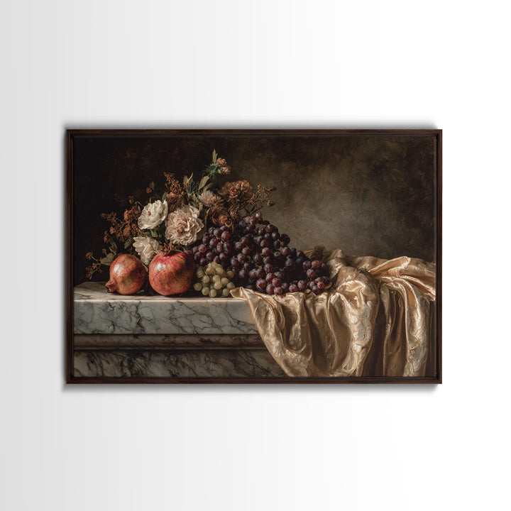 Pomegranate and Grapes on a Marble Ledge Canvas Print, Baroque Art, Moody Wall Art, Living Room Decor, Fine Art, Ornate, BAO-3x2-84