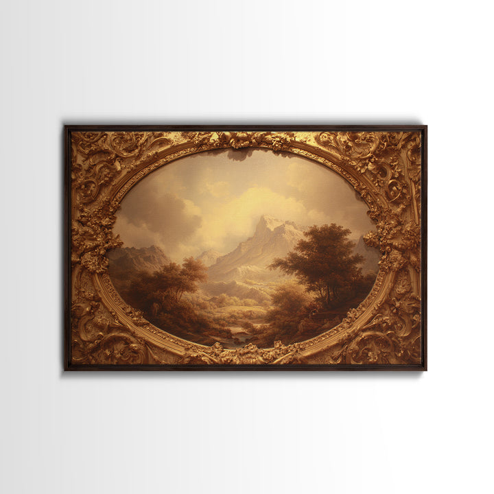 Ornate Gold Frame Illusion Around a Botanical Framed Canvas Print, Baroque Art, 3d Wall Art, Living Room Decor, Ornate, BAO-3x2-85