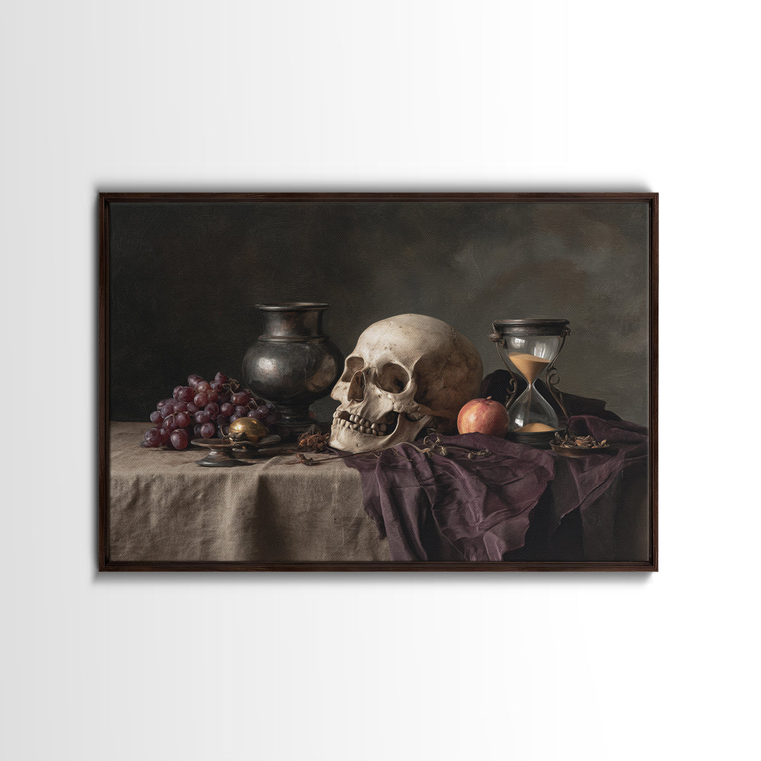 Skull and Hourglass Vanitas Still Life Framed Canvas Print, Baroque Art, Contemporary Art, Living Room Decor, Fine Art, Ornate, BAO-3x2-9