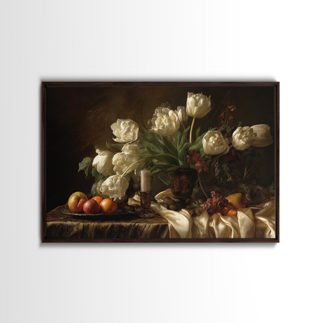 Black Background Tulips Framed Canvas Print, Baroque Art, Room Decor Aesthetic, Living Room Decor, Fine Art, Ornate, Home Decor, BAO-3x2-92