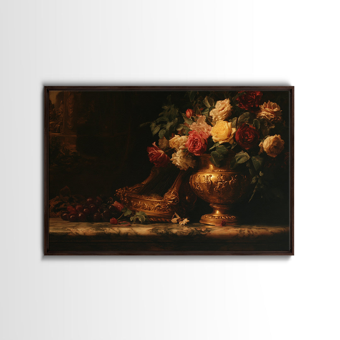 Golden Harp and Roses Canvas Print, Baroque Art, Printable Art, Living Room Decor, Abstract Art, Ornate, Gallery Wall, BAO-3x2-94