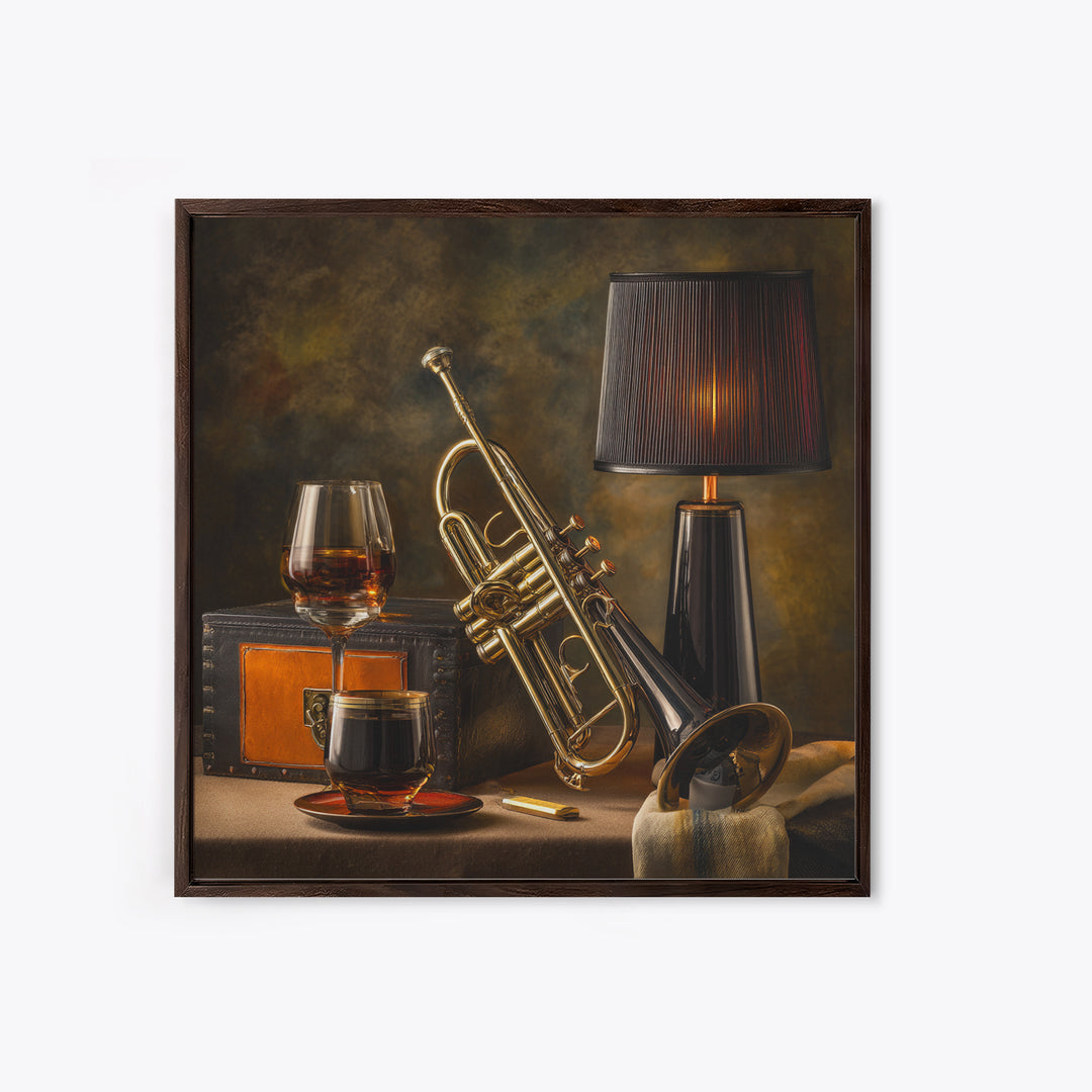 Moody Jazz Trumpet Beside a Half Full Canvas Print, Bar Art, Bar Signs, Bar Decor, Fine Art, Modern Decor, Fine Art Print, BAR-1x1-18