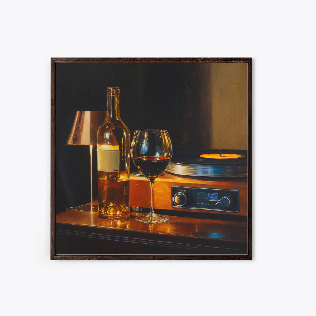 Wine and Record Player Lounge Still Life Framed Canvas Print, Bar Art, Boho Decor, Bar Decor, Oil Painting, Art Print, BAR-1x1-37