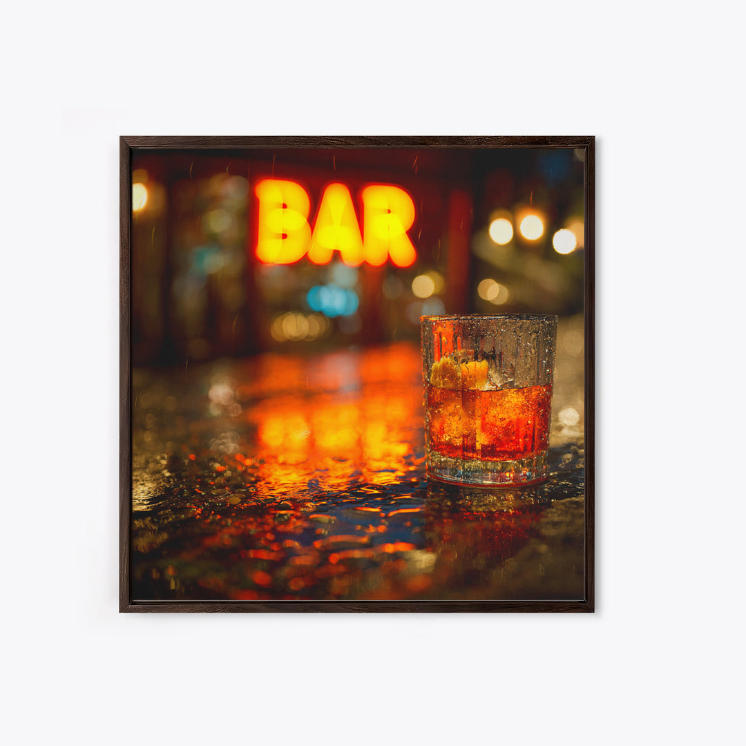 Neon Cocktail Sign Reflected Framed Canvas Print, Bar Art, Textured Painting, Bar Decor, Fine Art, Bar Cart, BAR-1x1-53