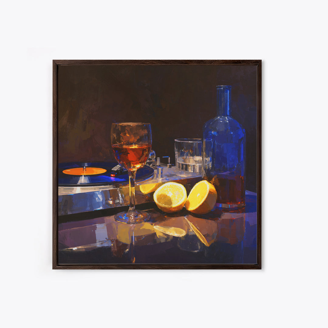 Wine and Record Player Lounge Still Life Framed Canvas Print, Bar Art, Boho Decor, Bar Decor, Oil Painting, Art Print, BAR-1x1-61