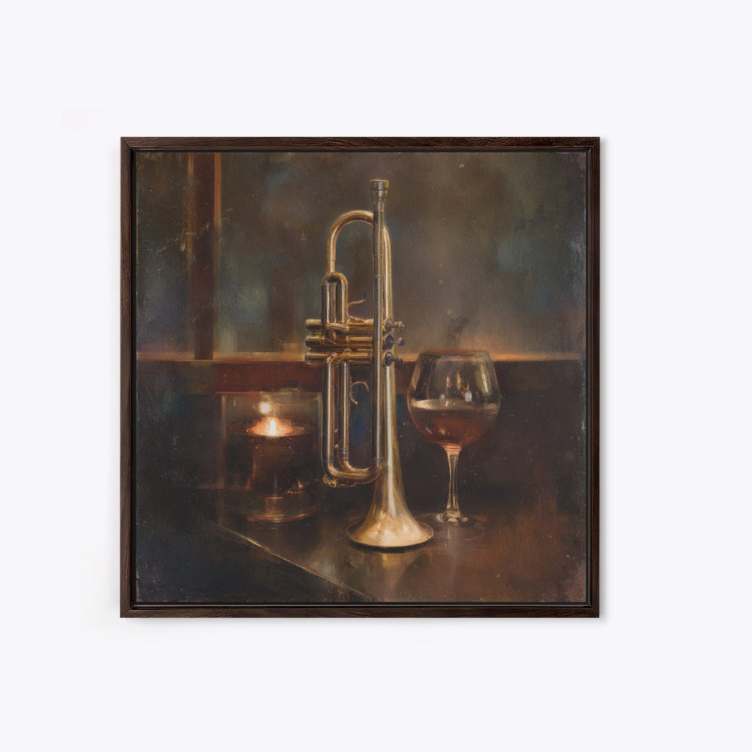Moody Jazz Trumpet Beside a Half Full Framed Canvas Print, Bar Art, Coffee Bar, Bar Decor, Abstract Art, Room Decor, BAR-1x1-66