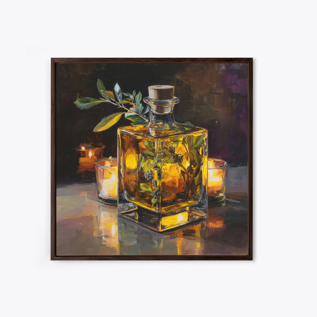 Gin Bottle with Botanicals and Juniper Branches Framed Canvas Print, Bar Art, Bar, Bar Decor, Oil Painting, Living Room Art, BAR-1x1-7