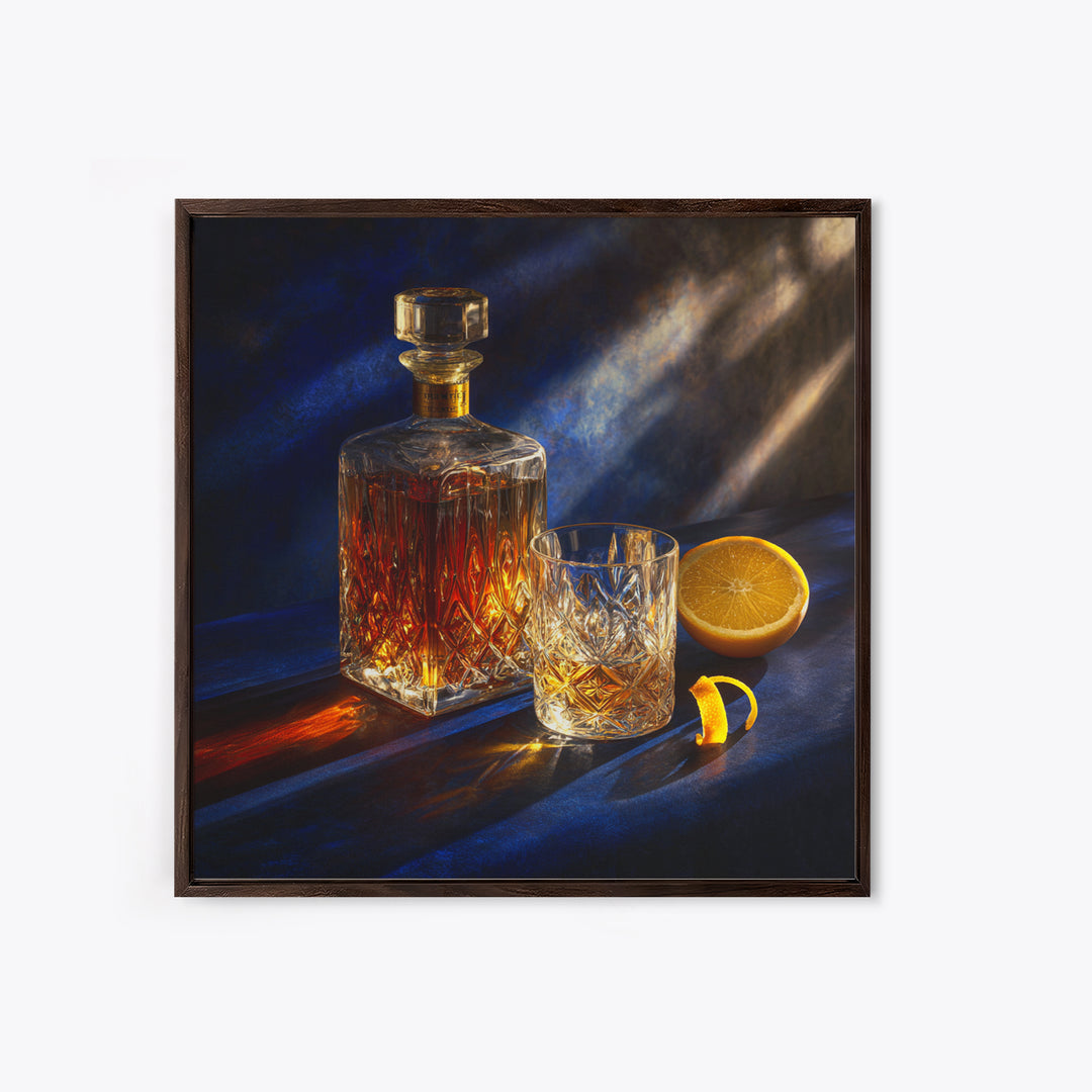 Whiskey Bottle and Cut Crystal Glass Framed Canvas Print, Bar Art, Fine Art Print, Bar Decor, Fine Art, Metal Wall Art, BAR-1x1-74