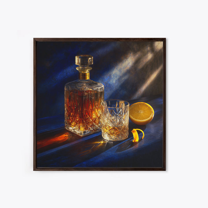Whiskey Bottle and Cut Crystal Glass Framed Canvas Print, Bar Art, Fine Art Print, Bar Decor, Fine Art, Metal Wall Art, BAR-1x1-74