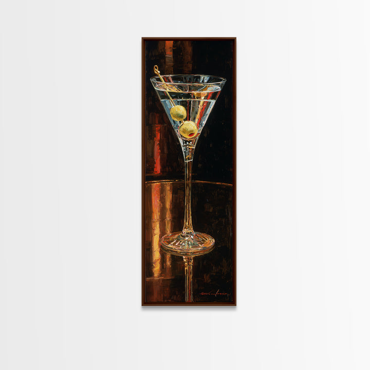 Martini Glass with Olive on a Black Canvas Print, Bar Art, Bar Cart Decor, Bar Decor, Oil Painting, Minimalist Decor, BAR-1x3-63