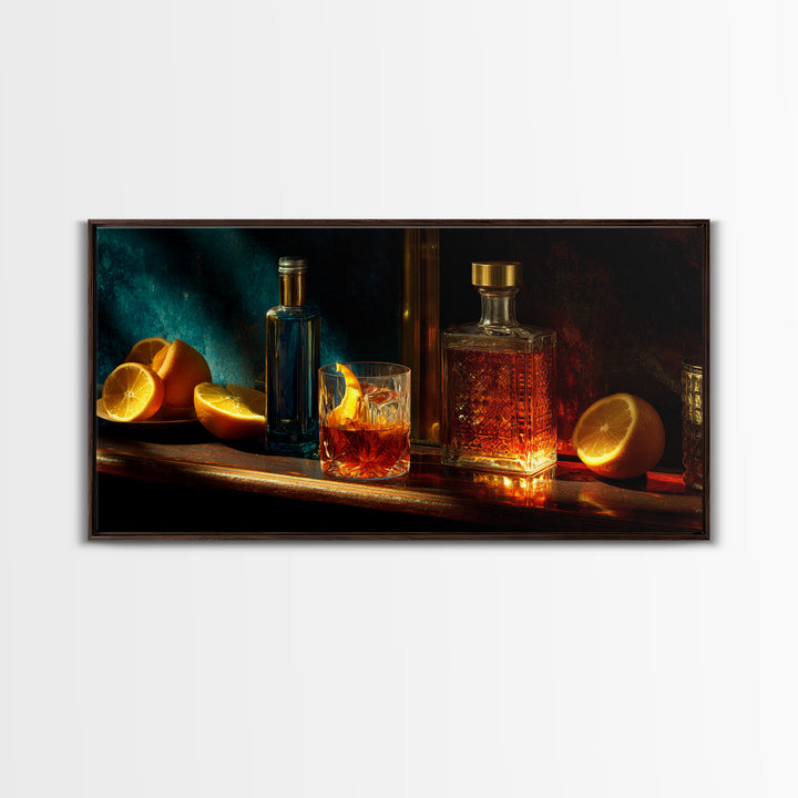 Midnight Manhattan Cocktail Framed Canvas Print, Bar Art, Statement Artwork, Bar Decor, Fine Art, Art Print, BAR-2x1-20