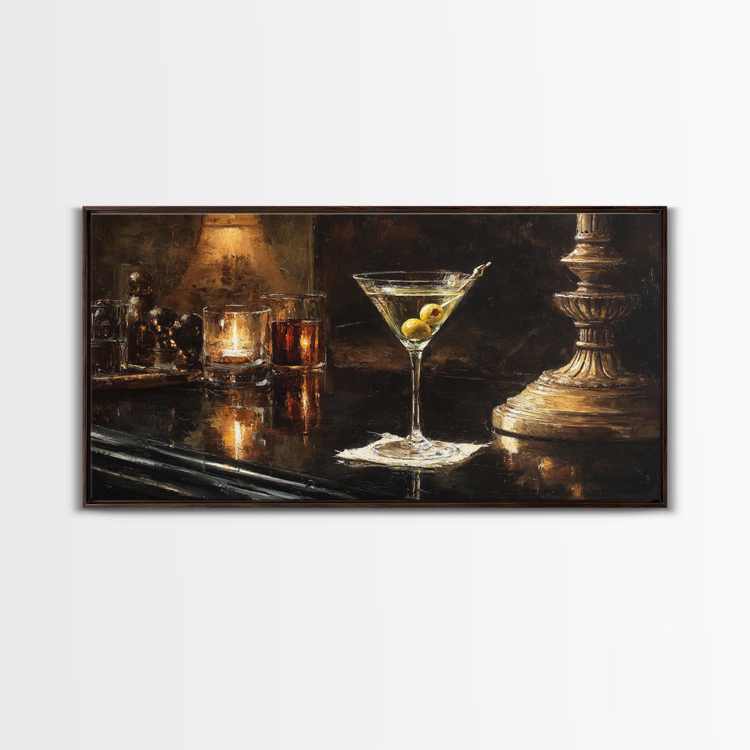 Martini Glass with Olive on a Black Framed Canvas Print, Bar Art, Bar Cart, Bar Decor, Watercolor Art, Kitchen Print, BAR-2x1-23