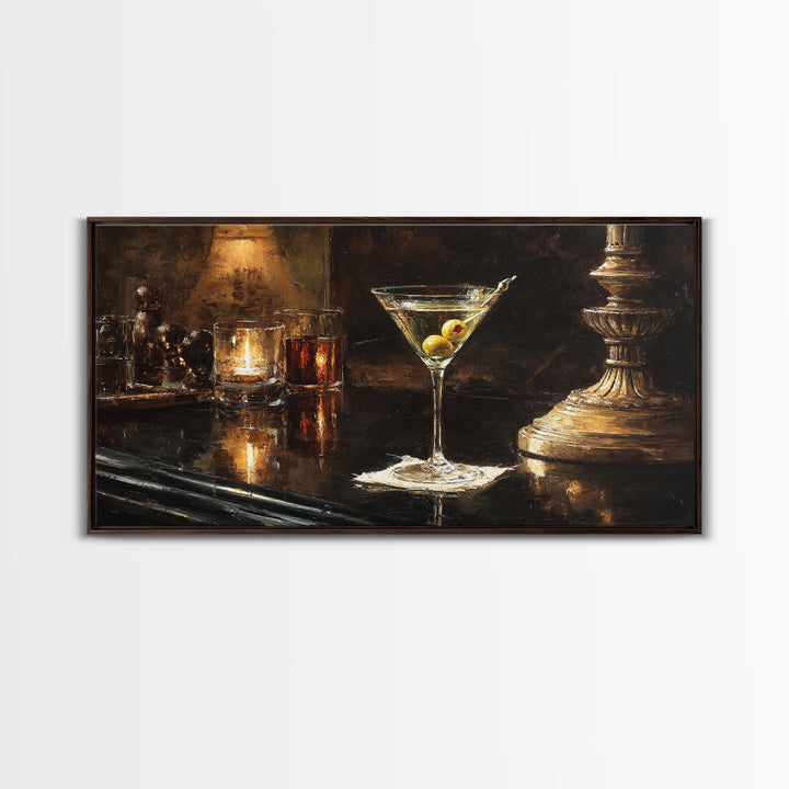 Martini Glass with Olive on a Black Framed Canvas Print, Bar Art, Bar Cart, Bar Decor, Watercolor Art, Kitchen Print, BAR-2x1-23