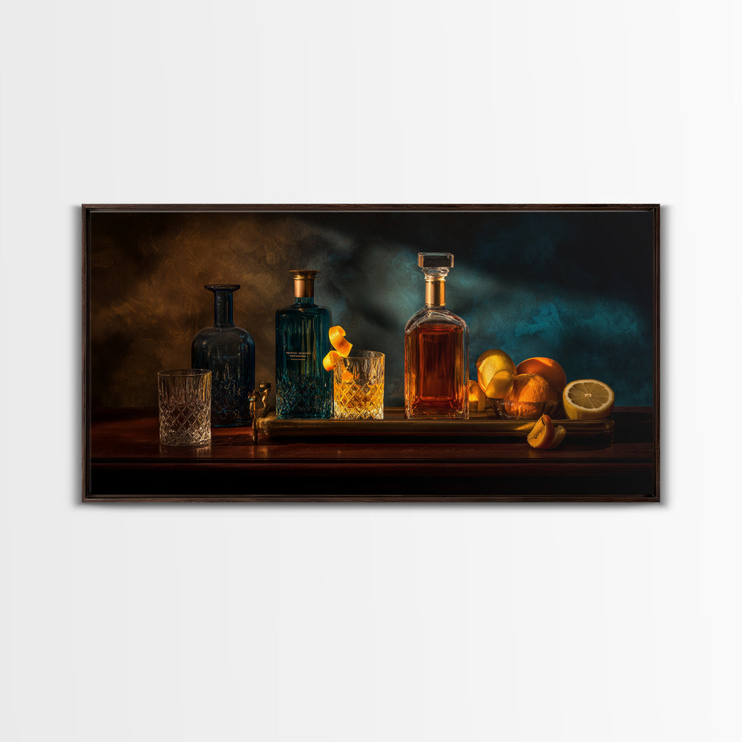 Luxury Emerald Bar Cart Arrangement Framed Canvas Print, Bar Art, Room Decor, Bar Decor, Fine Art, Kitchen Decor, BAR-2x1-42
