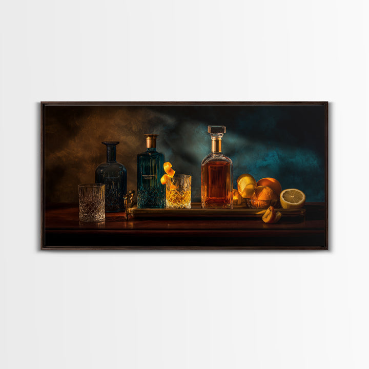 Luxury Emerald Bar Cart Arrangement Framed Canvas Print, Bar Art, Room Decor, Bar Decor, Fine Art, Kitchen Decor, BAR-2x1-42