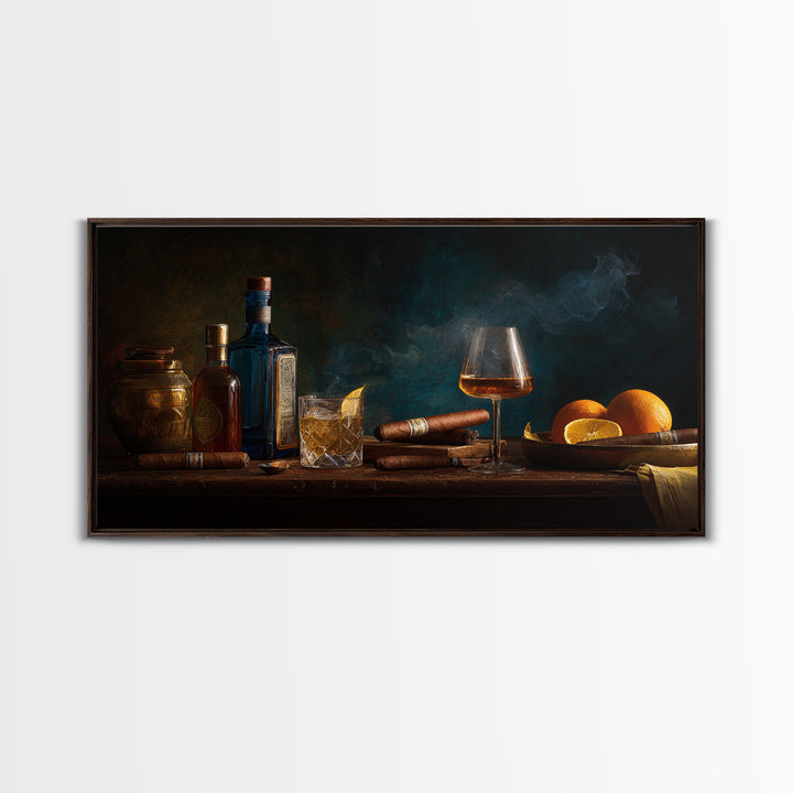 Dark Moody Cigar and Whiskey Still Life Framed Canvas Print, Bar Art, Bar Cart, Bar Decor, Watercolor Art, Kitchen Print, BAR-2x1-5