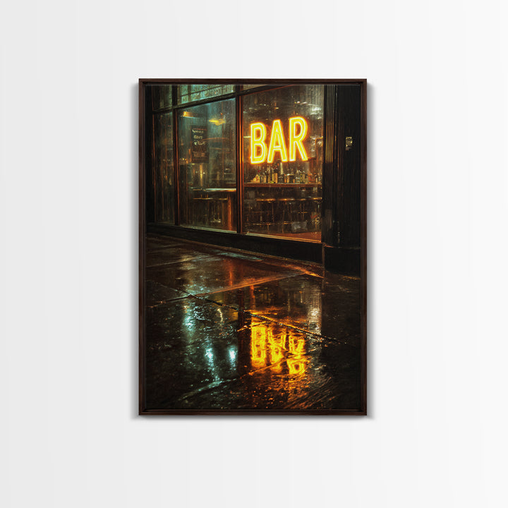 Neon Cocktail Sign Reflected Framed Canvas Print, Bar Art, Digital Print, Bar Decor, Fine Art, Coffee Wall Art, BAR-2x3-13