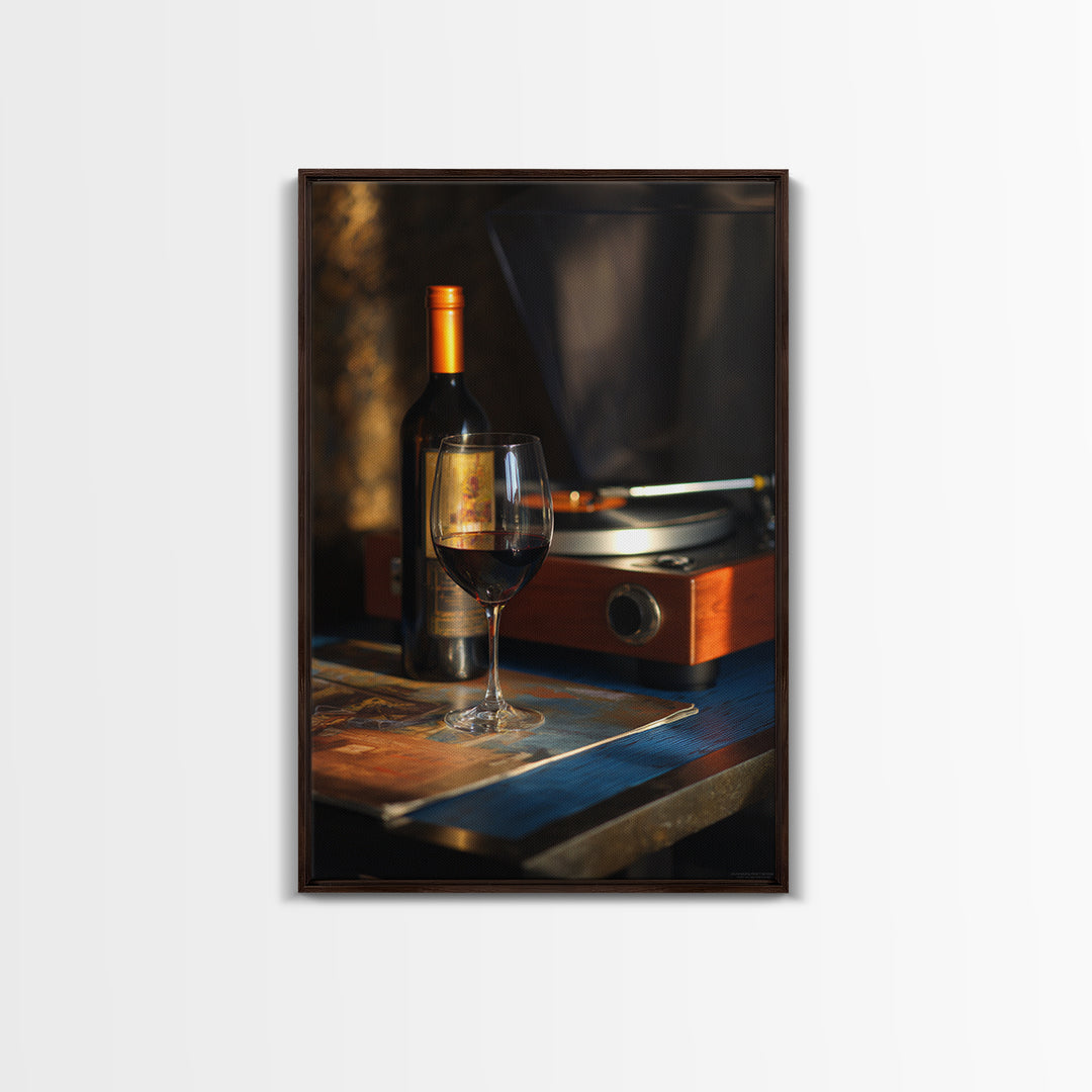 Wine and Record Player Lounge Still Life Framed Canvas Print, Bar Art, Canvas Wall Art, Bar Decor, Oil Painting, BAR-2x3-21