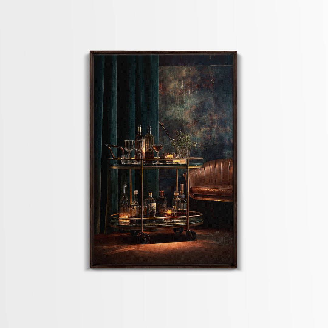 Luxury Emerald Bar Cart Arrangement Framed Canvas Print, Bar Art, Minimalist Decor, Bar Decor, Fine Art, Digital Print, BAR-2x3-6