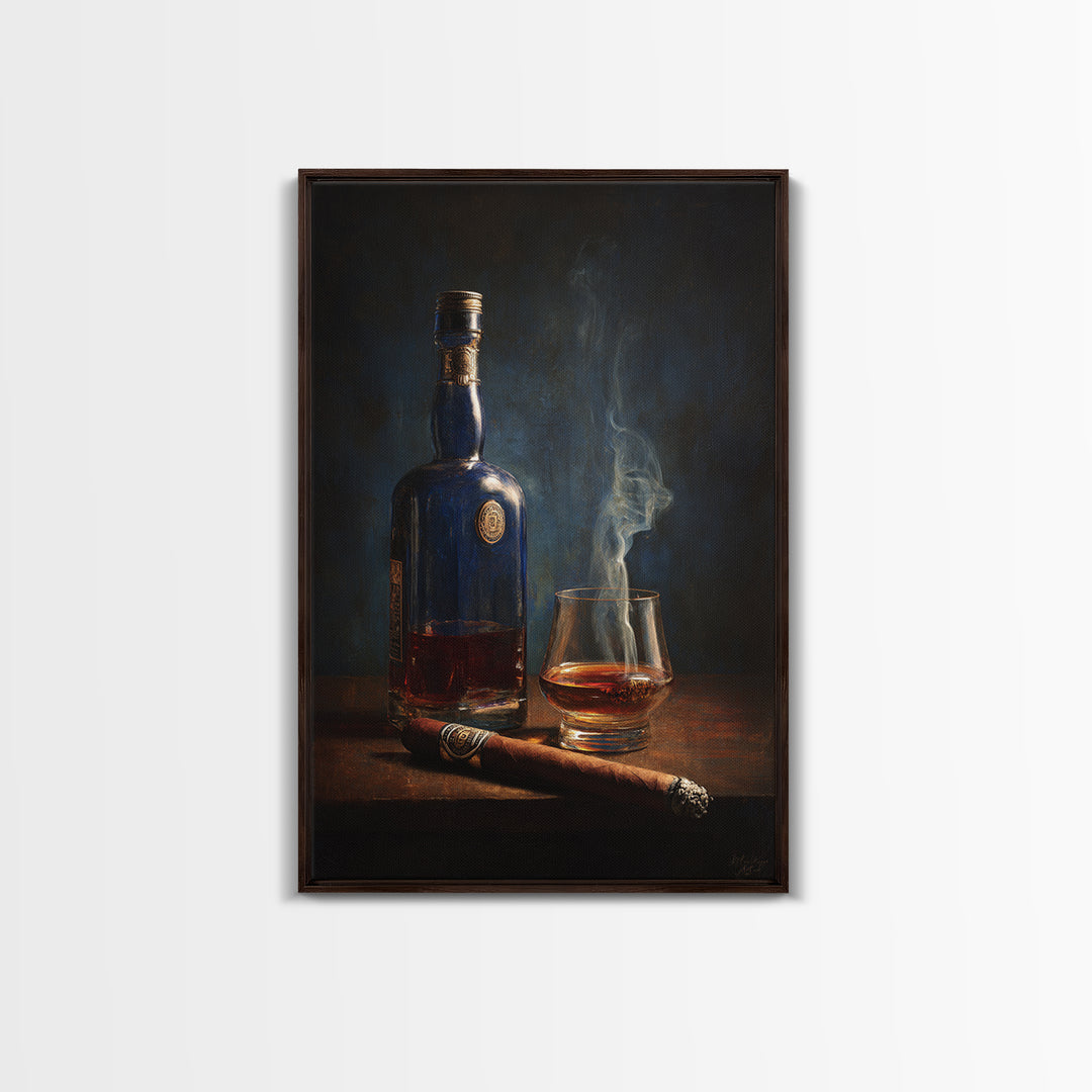 Dark Moody Cigar and Whiskey Still Life Canvas Print, Bar Art, Kitchen Wall Decor, Bar Decor, Fine Art, Bar Cart Art, BAR-2x3-65