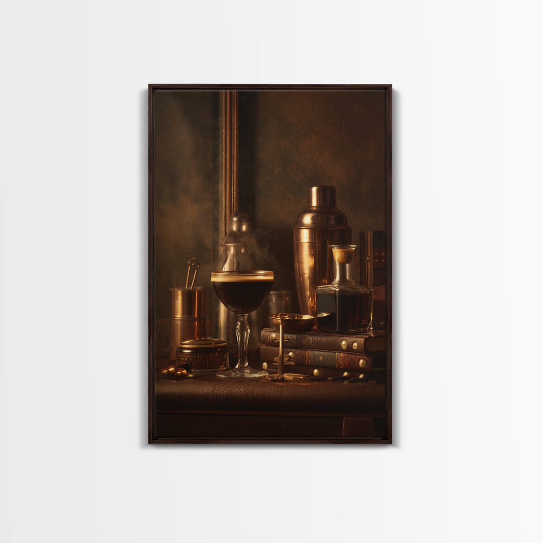 Speakeasy Key and Cocktail Shaker Composition Canvas Print, Bar Art, Canvas Wall Art, Bar Decor, Oil Painting, BAR-2x3-72