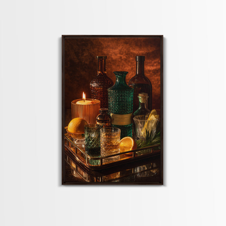 Luxury Emerald Bar Cart Arrangement Framed Canvas Print, Bar Art, Kitchen Wall Art, Bar Decor, Fine Art, Coffee Wall Art, BAR-2x3-78