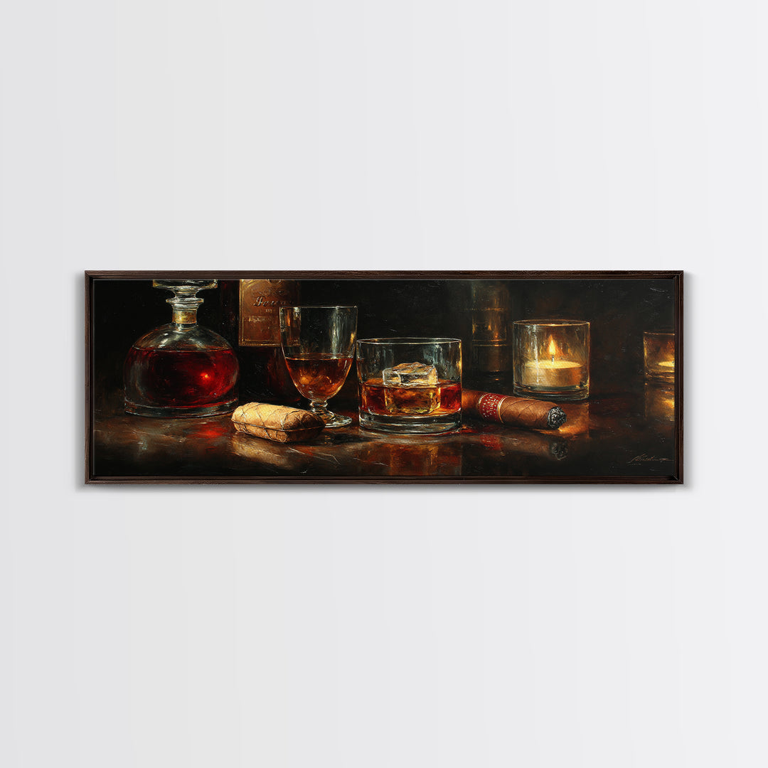 Dark Moody Cigar and Whiskey Still Life Framed Canvas Print, Bar Art, Bar Signs, Bar Decor, Fine Art, Modern Decor, BAR-3x1-1