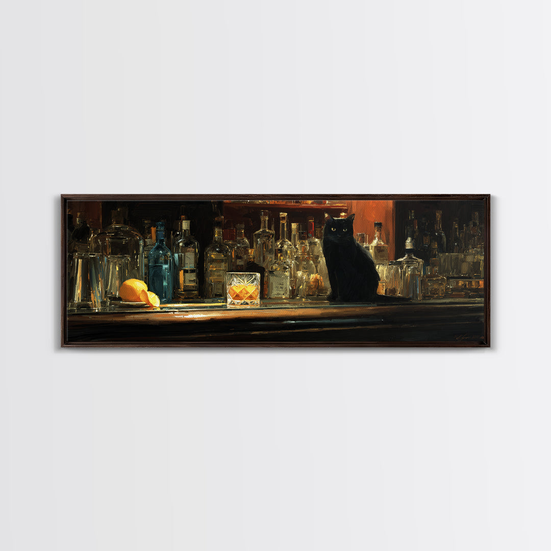 Black Cat Beside a Glowing Bar Neon Canvas Print, Bar Art, Art Print, Bar Decor, Fine Art, Kitchen Wall Decor, BAR-3x1-30