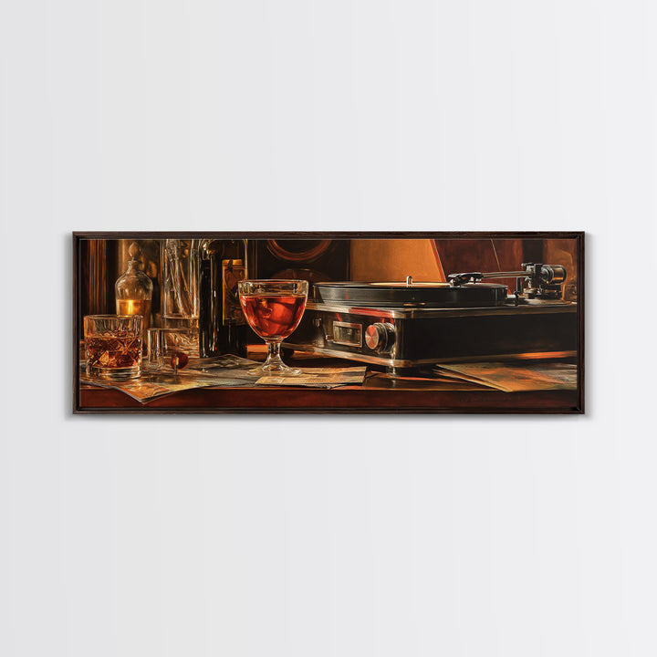 Wine and Record Player Lounge Still Life Framed Canvas Print, Bar Art, Cocktail Wall Art, Bar Decor, Fine Art, BAR-3x1-53