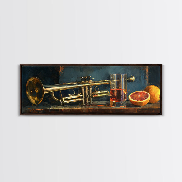 Moody Jazz Trumpet Beside a Half Full Framed Canvas Print, Bar Art, Kitchen Wall Decor, Bar Decor, Fine Art, BAR-3x1-58