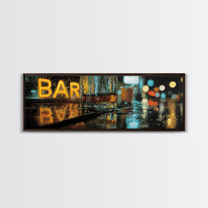 Neon Cocktail Sign Reflected Framed Canvas Print, Bar Art, Gallery Decor, Bar Decor, Fine Art, Wall Art, Home Decor, BAR-3x1-69