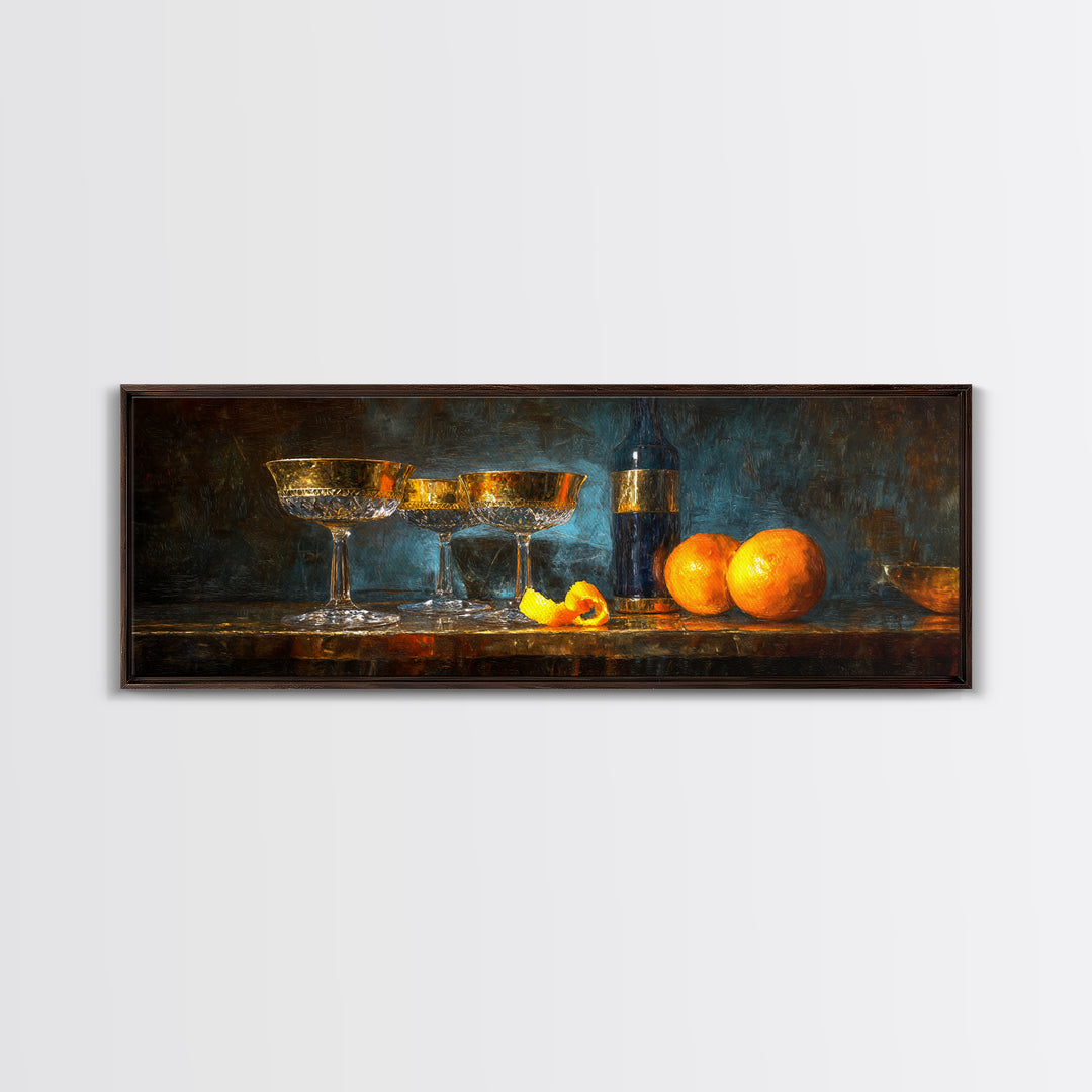 Champagne Coupe Tower Framed Canvas Print, Bar Art, Kitchen Print, Bar Decor, Oil Painting, Fine Art Print, Statement Artwork, BAR-3x1-74