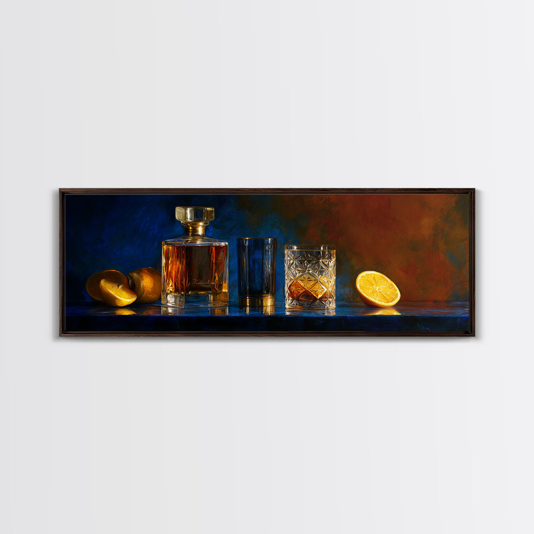 Whiskey Bottle and Cut Crystal Glass Framed Canvas Print, Bar Art, Living Room Art, Bar Decor, Fine Art, Luxury Decor, BAR-3x1-90