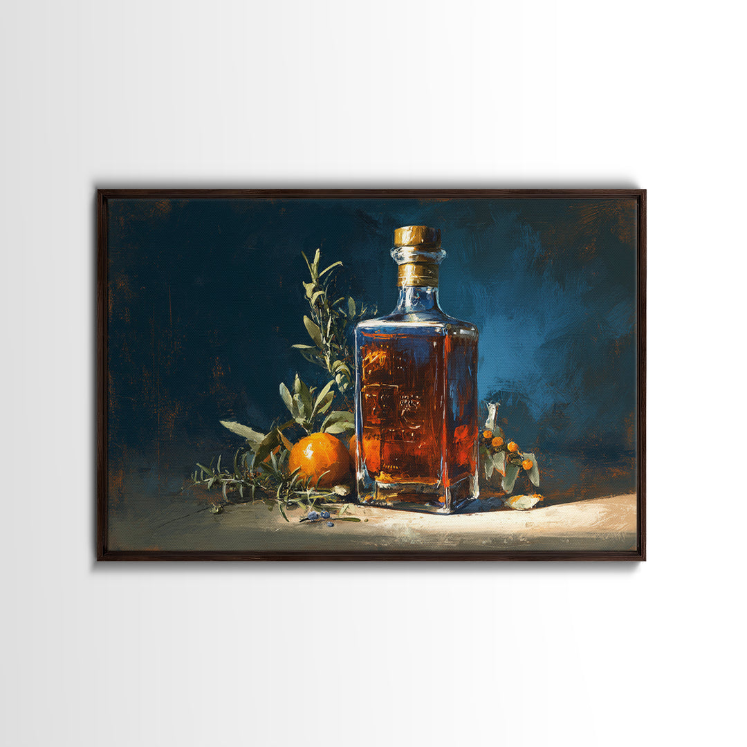 Gin Bottle with Botanicals and Juniper Branches Framed Canvas Print, Bar Art, Canvas Wall Art, Bar Decor, Fine Art, BAR-3x2-59