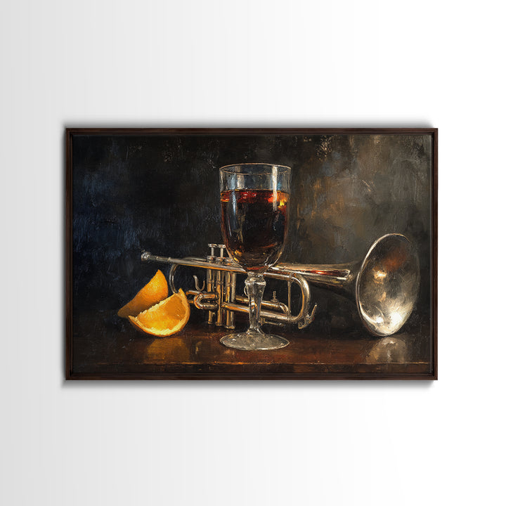 Moody Jazz Trumpet Beside a Half Full Framed Canvas Print, Bar Art, Bar Signs, Bar Decor, Fine Art, Modern Decor, BAR-3x2-70