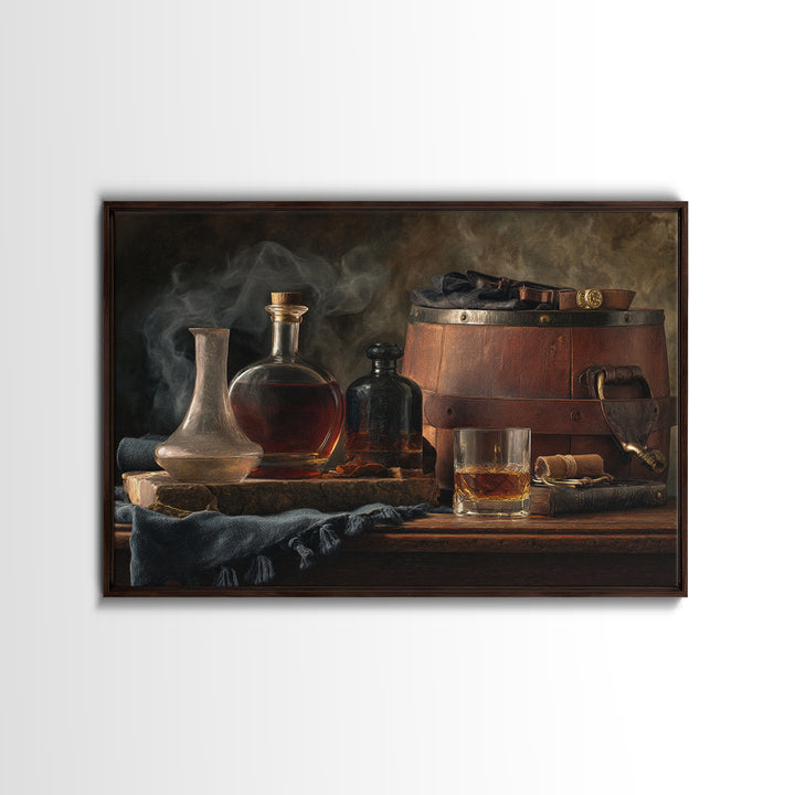 Bourbon Barrel Still Life Framed Canvas Print, Bar Art, Bar Cart Decor, Bar Decor, Oil Painting, Minimalist Decor, BAR-3x2-82