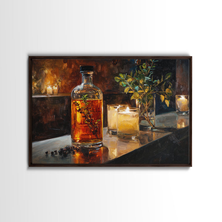 Gin Bottle with Botanicals and Juniper Branches Canvas Print, Bar Art, Bar, Bar Decor, Oil Painting, Living Room Art, BAR-3x2-83